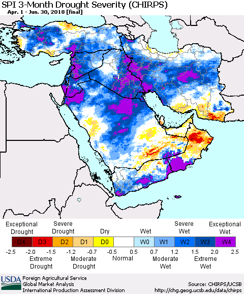 Middle East and Turkey SPI 3-Month Drought Severity (CHIRPS) Thematic Map For 4/1/2018 - 6/30/2018