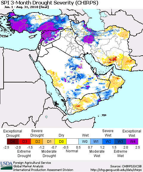 Middle East and Turkey SPI 3-Month Drought Severity (CHIRPS) Thematic Map For 6/1/2018 - 8/31/2018