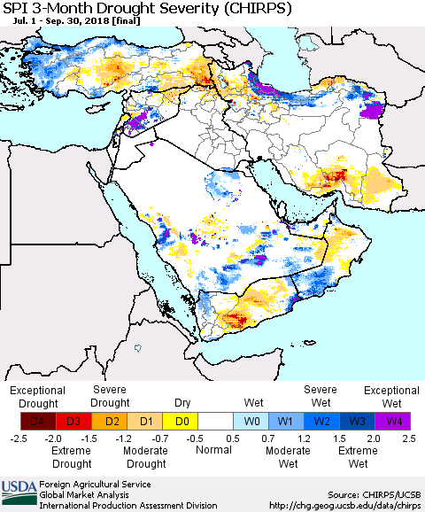 Middle East and Turkey SPI 3-Month Drought Severity (CHIRPS) Thematic Map For 7/1/2018 - 9/30/2018