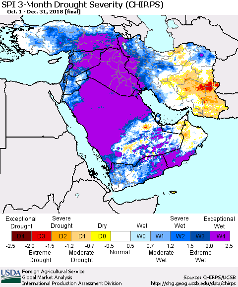 Middle East and Turkey SPI 3-Month Drought Severity (CHIRPS) Thematic Map For 10/1/2018 - 12/31/2018