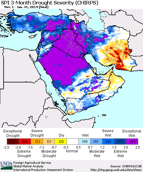 Middle East and Turkey SPI 3-Month Drought Severity (CHIRPS) Thematic Map For 11/1/2018 - 1/31/2019