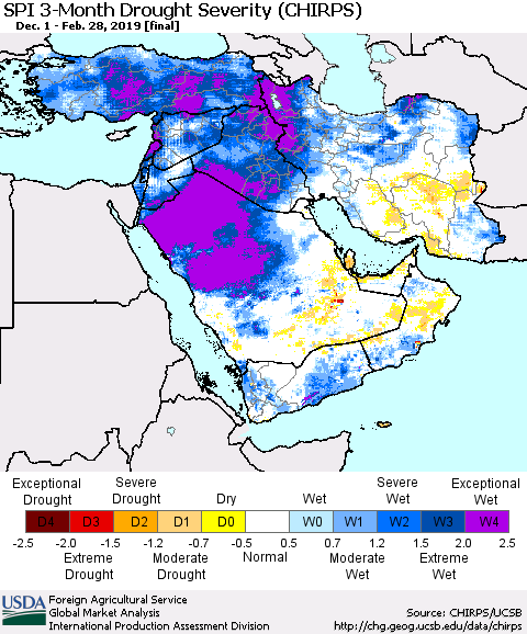 Middle East and Turkey SPI 3-Month Drought Severity (CHIRPS) Thematic Map For 12/1/2018 - 2/28/2019