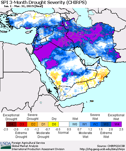 Middle East and Turkey SPI 3-Month Drought Severity (CHIRPS) Thematic Map For 1/1/2019 - 3/31/2019