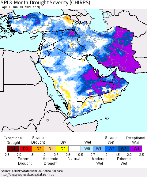 Middle East and Turkey SPI 3-Month Drought Severity (CHIRPS) Thematic Map For 4/1/2019 - 6/30/2019