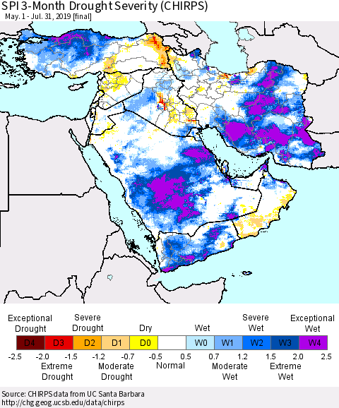 Middle East and Turkey SPI 3-Month Drought Severity (CHIRPS) Thematic Map For 5/1/2019 - 7/31/2019