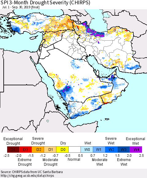 Middle East and Turkey SPI 3-Month Drought Severity (CHIRPS) Thematic Map For 7/1/2019 - 9/30/2019