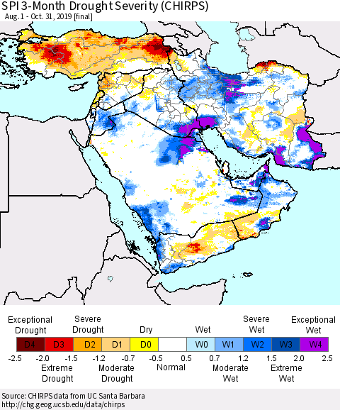 Middle East and Turkey SPI 3-Month Drought Severity (CHIRPS) Thematic Map For 8/1/2019 - 10/31/2019