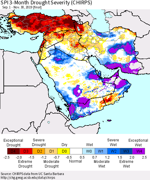 Middle East and Turkey SPI 3-Month Drought Severity (CHIRPS) Thematic Map For 9/1/2019 - 11/30/2019