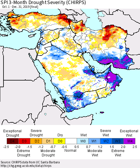 Middle East and Turkey SPI 3-Month Drought Severity (CHIRPS) Thematic Map For 10/1/2019 - 12/31/2019