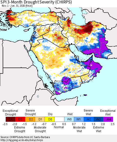 Middle East and Turkey SPI 3-Month Drought Severity (CHIRPS) Thematic Map For 11/1/2019 - 1/31/2020