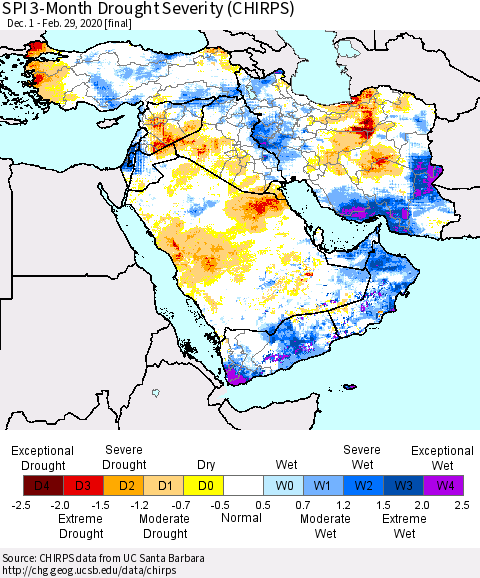 Middle East and Turkey SPI 3-Month Drought Severity (CHIRPS) Thematic Map For 12/1/2019 - 2/29/2020