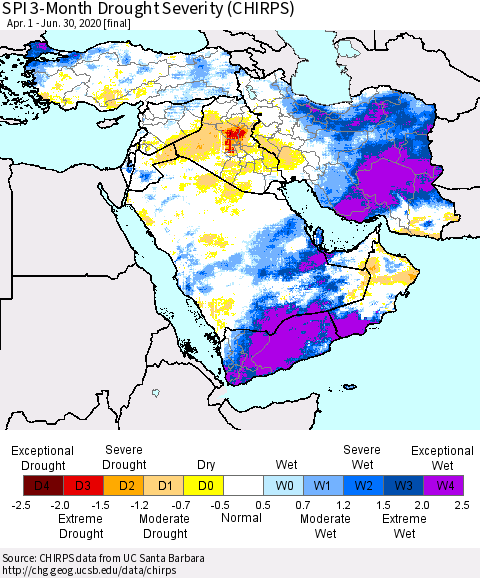 Middle East and Turkey SPI 3-Month Drought Severity (CHIRPS) Thematic Map For 4/1/2020 - 6/30/2020