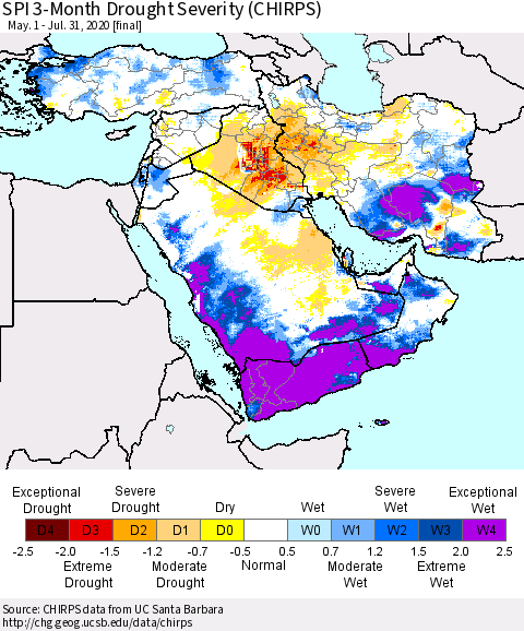 Middle East and Turkey SPI 3-Month Drought Severity (CHIRPS) Thematic Map For 5/1/2020 - 7/31/2020