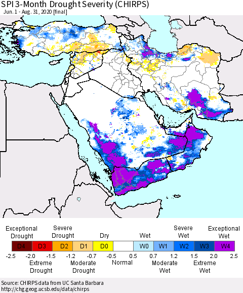 Middle East and Turkey SPI 3-Month Drought Severity (CHIRPS) Thematic Map For 6/1/2020 - 8/31/2020