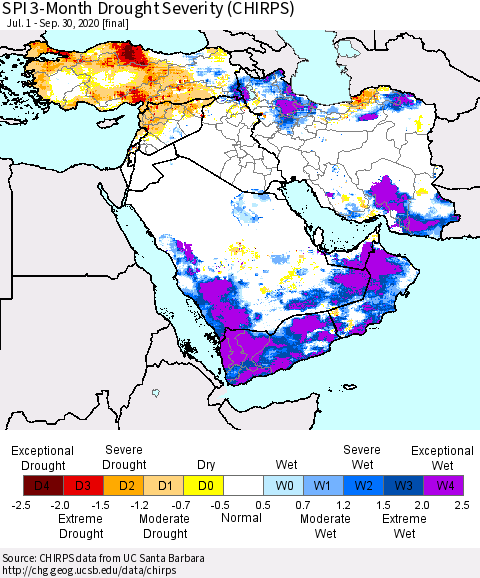 Middle East and Turkey SPI 3-Month Drought Severity (CHIRPS) Thematic Map For 7/1/2020 - 9/30/2020
