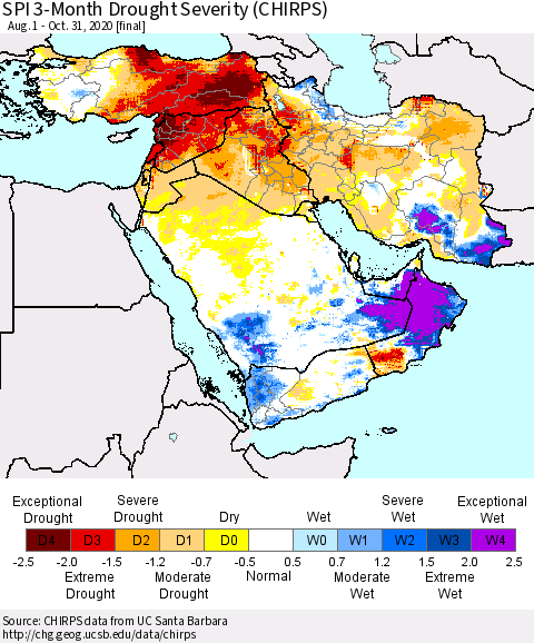 Middle East and Turkey SPI 3-Month Drought Severity (CHIRPS) Thematic Map For 8/1/2020 - 10/31/2020