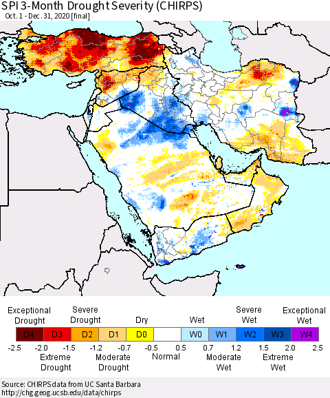 Middle East and Turkey SPI 3-Month Drought Severity (CHIRPS) Thematic Map For 10/1/2020 - 12/31/2020