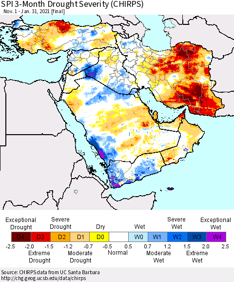 Middle East and Turkey SPI 3-Month Drought Severity (CHIRPS) Thematic Map For 11/1/2020 - 1/31/2021