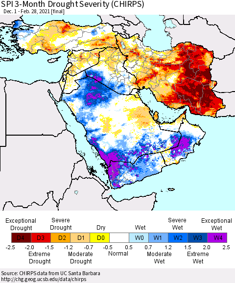 Middle East and Turkey SPI 3-Month Drought Severity (CHIRPS) Thematic Map For 12/1/2020 - 2/28/2021