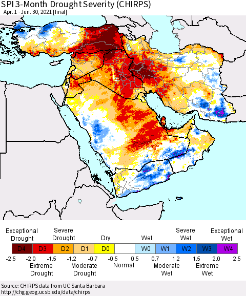 Middle East and Turkey SPI 3-Month Drought Severity (CHIRPS) Thematic Map For 4/1/2021 - 6/30/2021
