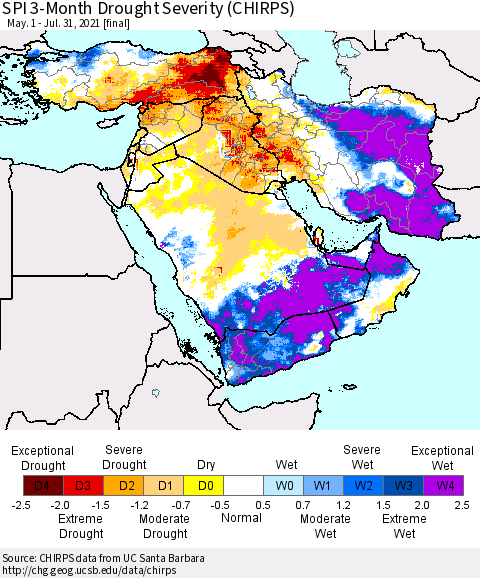 Middle East and Turkey SPI 3-Month Drought Severity (CHIRPS) Thematic Map For 5/1/2021 - 7/31/2021