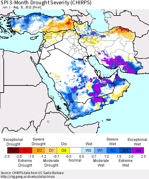 Middle East and Turkey SPI 3-Month Drought Severity (CHIRPS) Thematic Map For 6/1/2021 - 8/31/2021