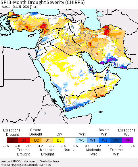 Middle East and Turkey SPI 3-Month Drought Severity (CHIRPS) Thematic Map For 8/1/2021 - 10/31/2021