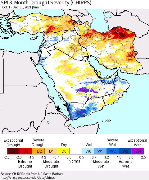 Middle East and Turkey SPI 3-Month Drought Severity (CHIRPS) Thematic Map For 10/1/2021 - 12/31/2021