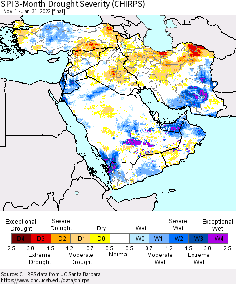 Middle East and Turkey SPI 3-Month Drought Severity (CHIRPS) Thematic Map For 11/1/2021 - 1/31/2022