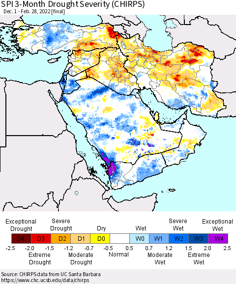Middle East and Turkey SPI 3-Month Drought Severity (CHIRPS) Thematic Map For 12/1/2021 - 2/28/2022