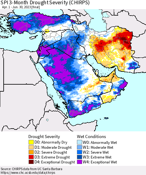 Middle East and Turkey SPI 3-Month Drought Severity (CHIRPS) Thematic Map For 4/1/2023 - 6/30/2023