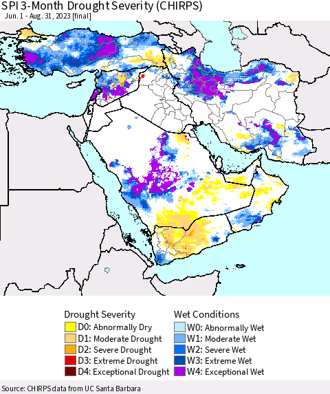 Middle East and Turkey SPI 3-Month Drought Severity (CHIRPS) Thematic Map For 6/1/2023 - 8/31/2023