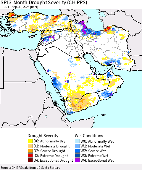 Middle East and Turkey SPI 3-Month Drought Severity (CHIRPS) Thematic Map For 7/1/2023 - 9/30/2023