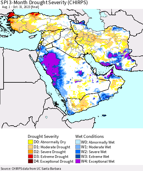 Middle East and Turkey SPI 3-Month Drought Severity (CHIRPS) Thematic Map For 8/1/2023 - 10/31/2023