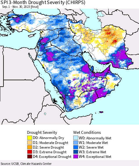 Middle East and Turkey SPI 3-Month Drought Severity (CHIRPS) Thematic Map For 9/1/2023 - 11/30/2023