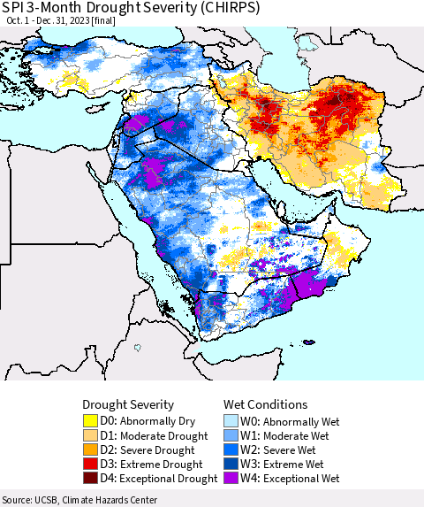 Middle East and Turkey SPI 3-Month Drought Severity (CHIRPS) Thematic Map For 10/1/2023 - 12/31/2023