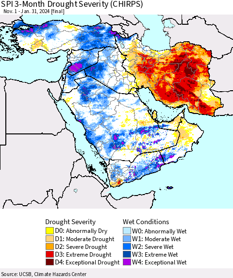 Middle East and Turkey SPI 3-Month Drought Severity (CHIRPS) Thematic Map For 11/1/2023 - 1/31/2024
