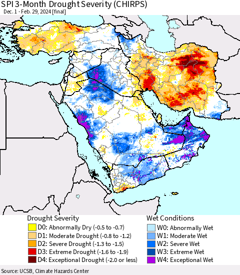 Middle East and Turkey SPI 3-Month Drought Severity (CHIRPS) Thematic Map For 12/1/2023 - 2/29/2024