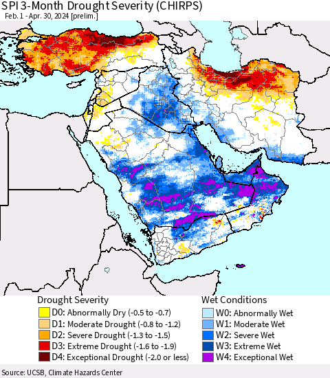 Middle East and Turkey SPI 3-Month Drought Severity (CHIRPS) Thematic Map For 2/1/2024 - 4/30/2024