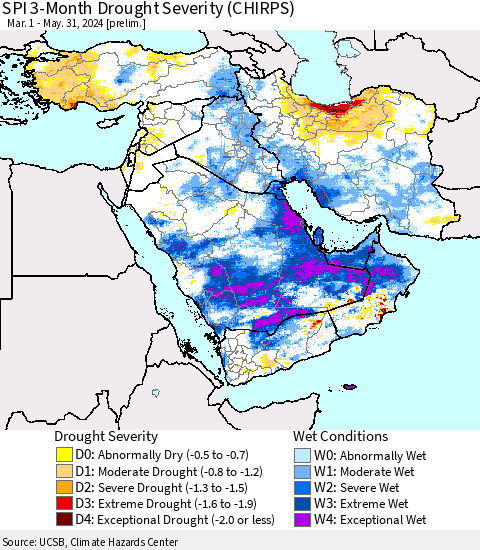 Middle East and Turkey SPI 3-Month Drought Severity (CHIRPS) Thematic Map For 3/1/2024 - 5/31/2024