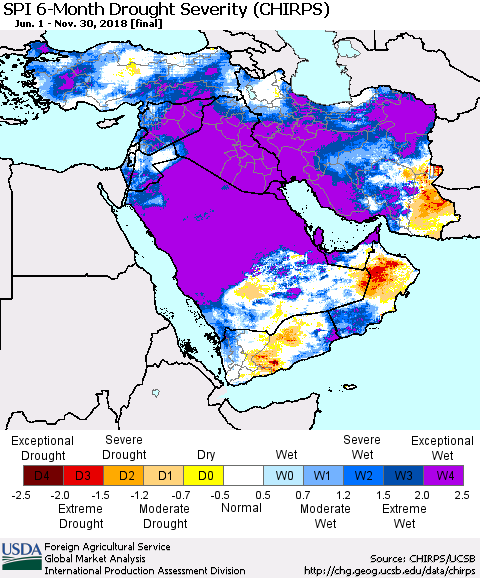 Middle East and Turkey SPI 6-Month Drought Severity (CHIRPS) Thematic Map For 6/1/2018 - 11/30/2018