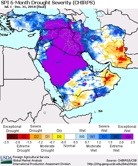 Middle East and Turkey SPI 6-Month Drought Severity (CHIRPS) Thematic Map For 7/1/2018 - 12/31/2018
