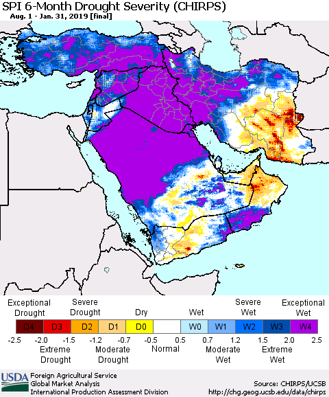 Middle East and Turkey SPI 6-Month Drought Severity (CHIRPS) Thematic Map For 8/1/2018 - 1/31/2019