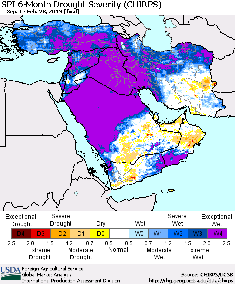 Middle East and Turkey SPI 6-Month Drought Severity (CHIRPS) Thematic Map For 9/1/2018 - 2/28/2019