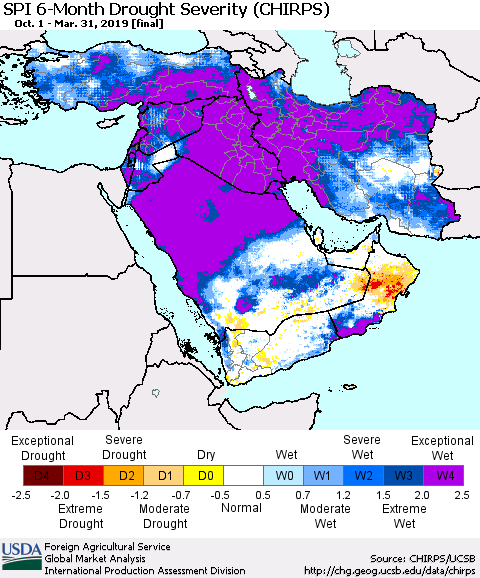 Middle East and Turkey SPI 6-Month Drought Severity (CHIRPS) Thematic Map For 10/1/2018 - 3/31/2019