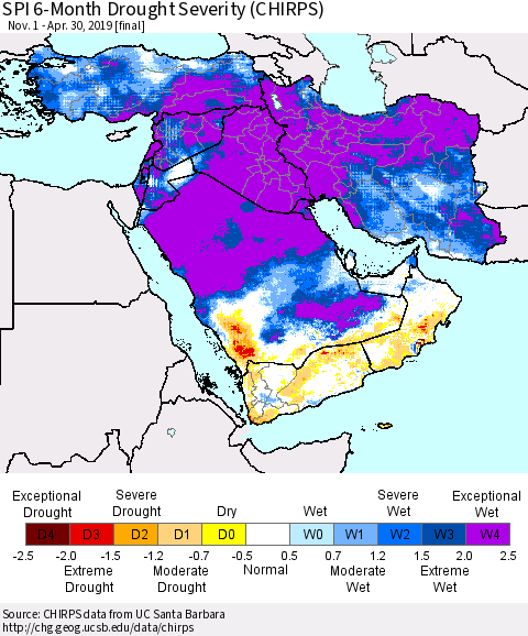 Middle East and Turkey SPI 6-Month Drought Severity (CHIRPS) Thematic Map For 11/1/2018 - 4/30/2019