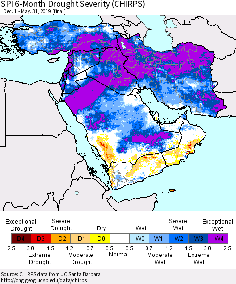 Middle East and Turkey SPI 6-Month Drought Severity (CHIRPS) Thematic Map For 12/1/2018 - 5/31/2019