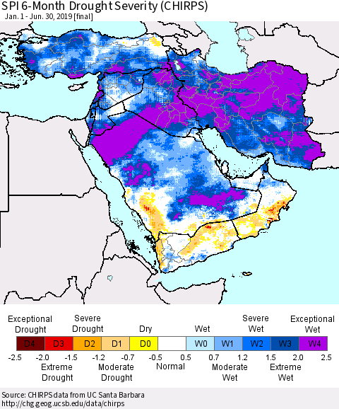 Middle East and Turkey SPI 6-Month Drought Severity (CHIRPS) Thematic Map For 1/1/2019 - 6/30/2019