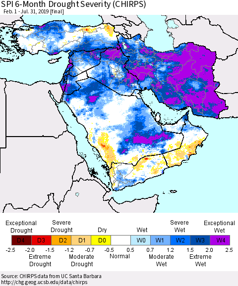Middle East and Turkey SPI 6-Month Drought Severity (CHIRPS) Thematic Map For 2/1/2019 - 7/31/2019