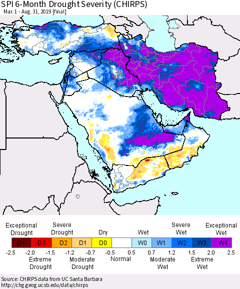 Middle East and Turkey SPI 6-Month Drought Severity (CHIRPS) Thematic Map For 3/1/2019 - 8/31/2019